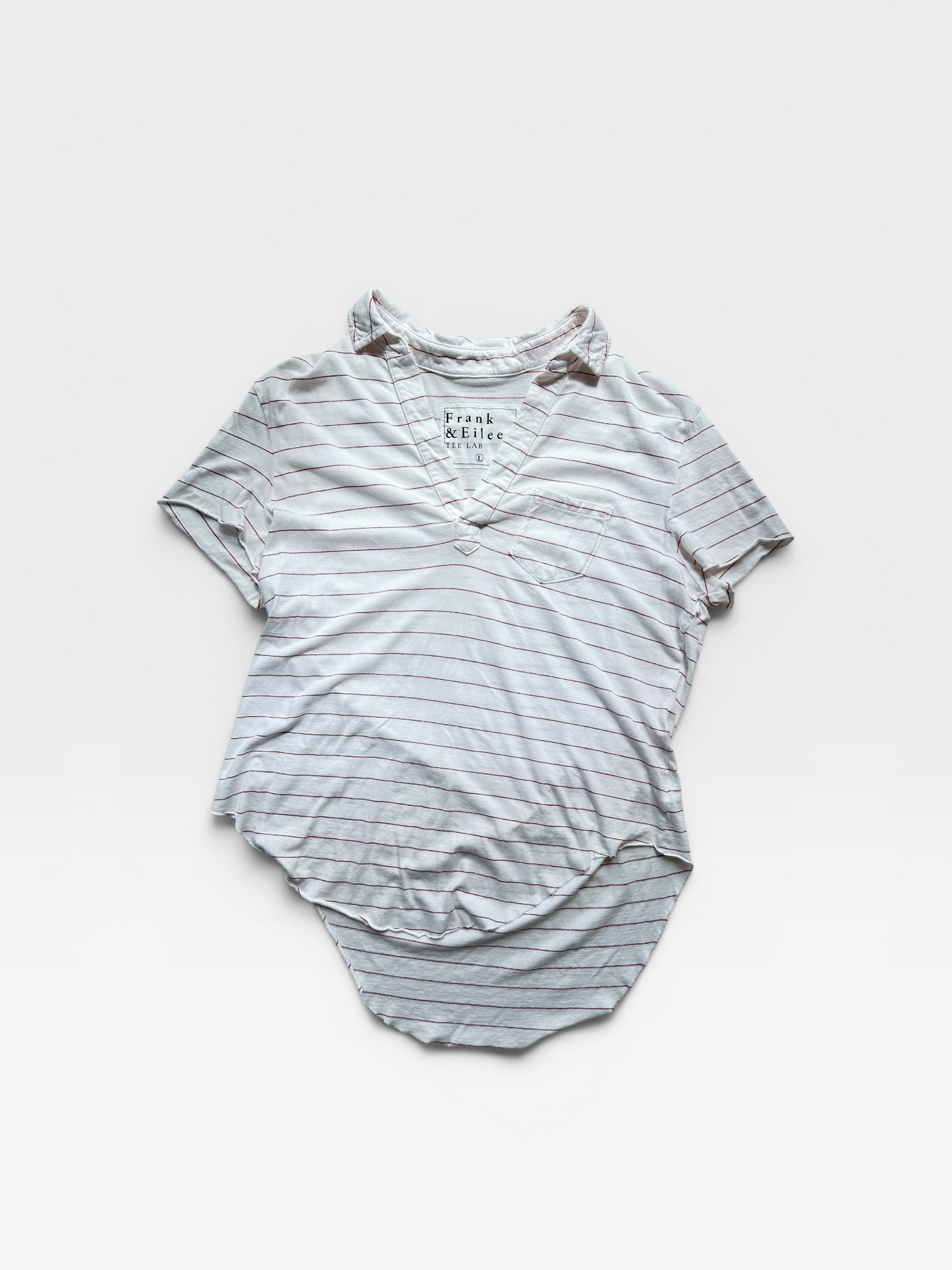 WHITE/RED STRIPED FRANK & EILEEN V-NECK TOP (ORG. $136) L