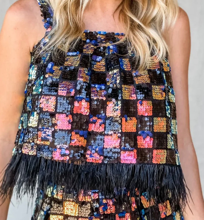 BLACK SEQUIN CHECKERED QUEEN OF SPARKLES TANK (ORG. $150) S