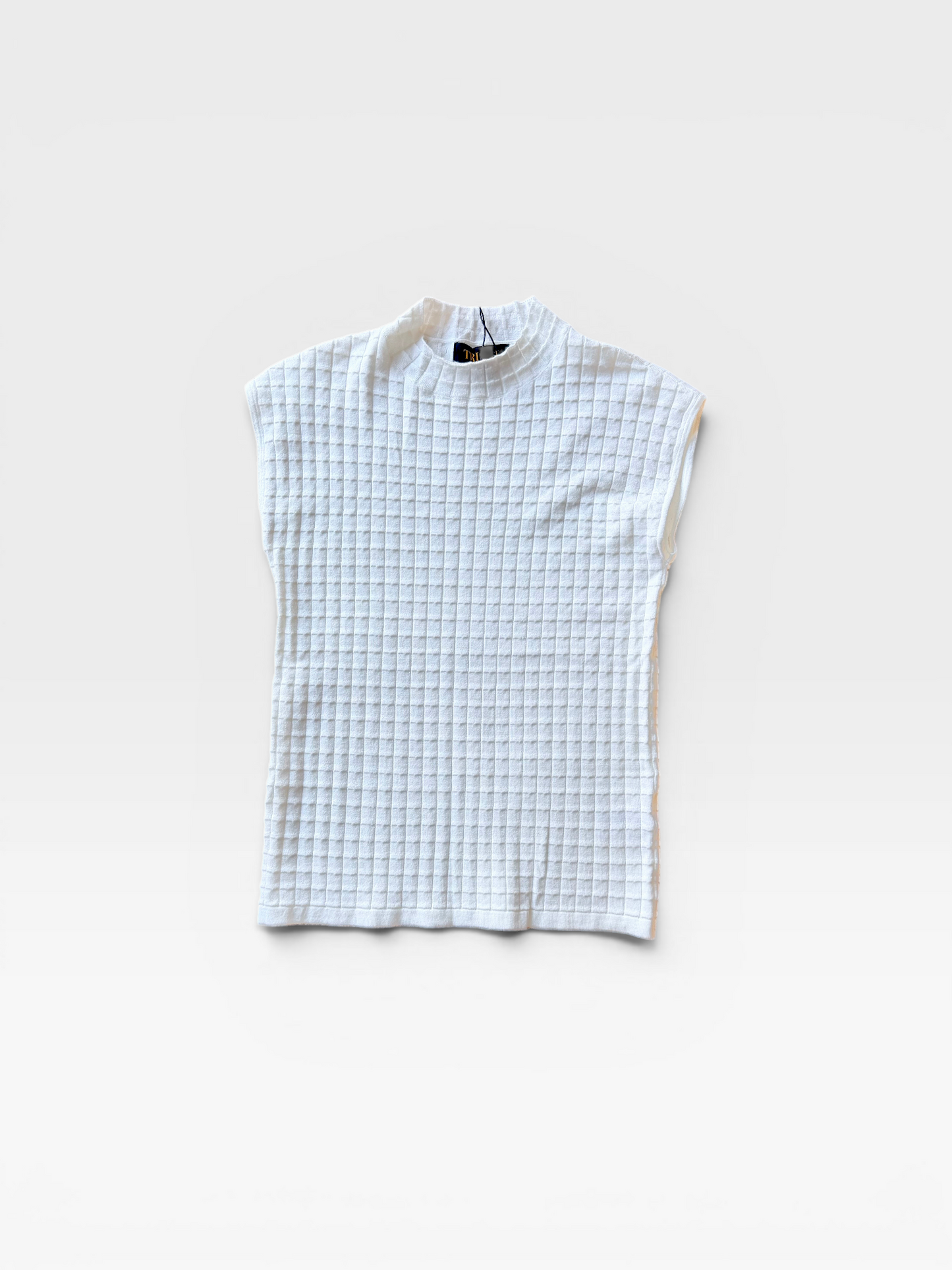 TheConsignmentBar white truth sleeveless tank top with a textured grid pattern and mock neck collar.