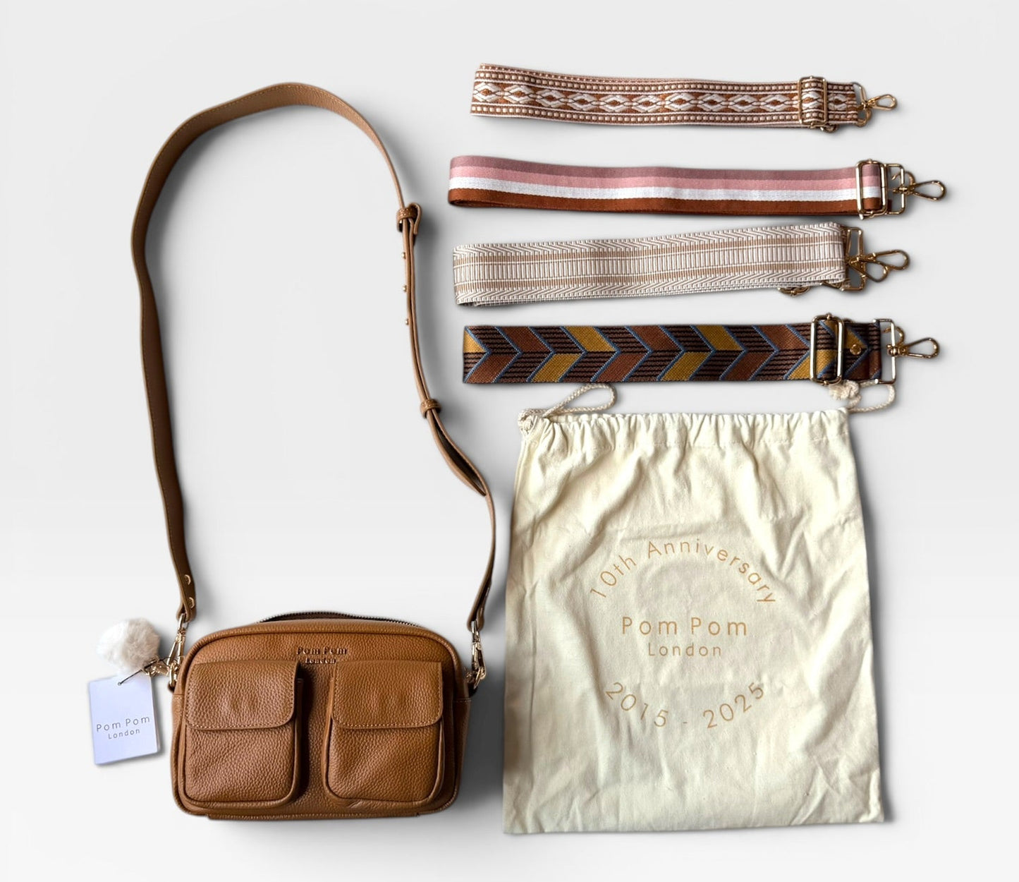 POM POM LONDON TAN PURSE (NWT $235) + 5 STRAPS