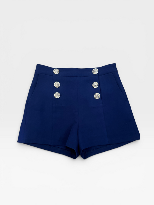 NAVY ENDLESS ROSE GOLD BUTTON DETAIL SHORTS (ORG. $80) S
