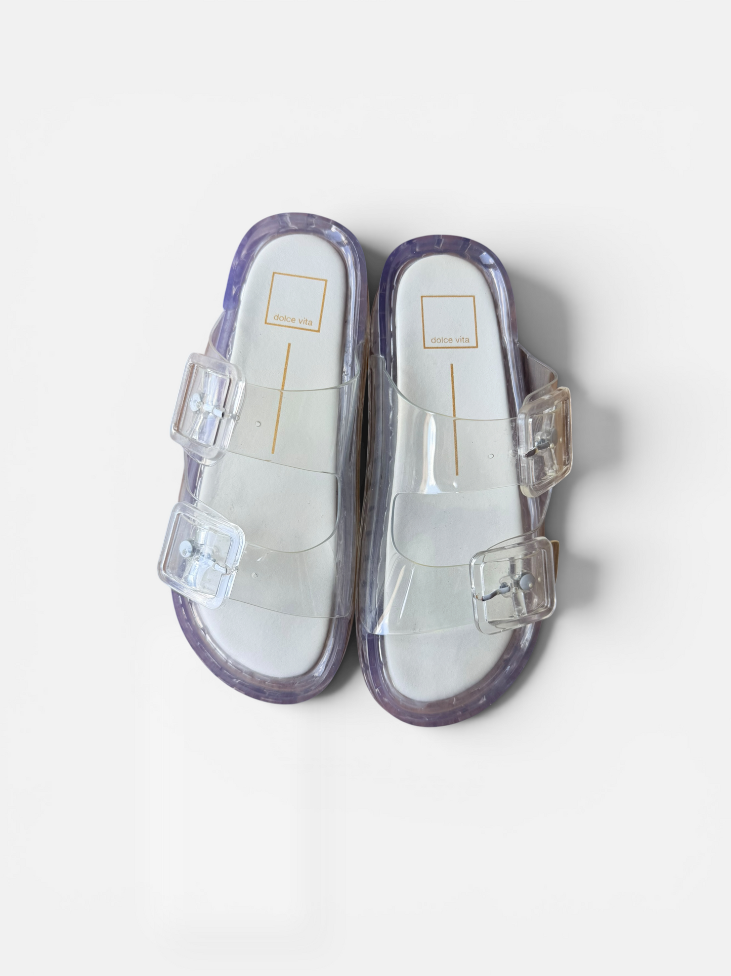 CRYSTAL VINYL DOLCE VITA SLIDES (ORG. $75)