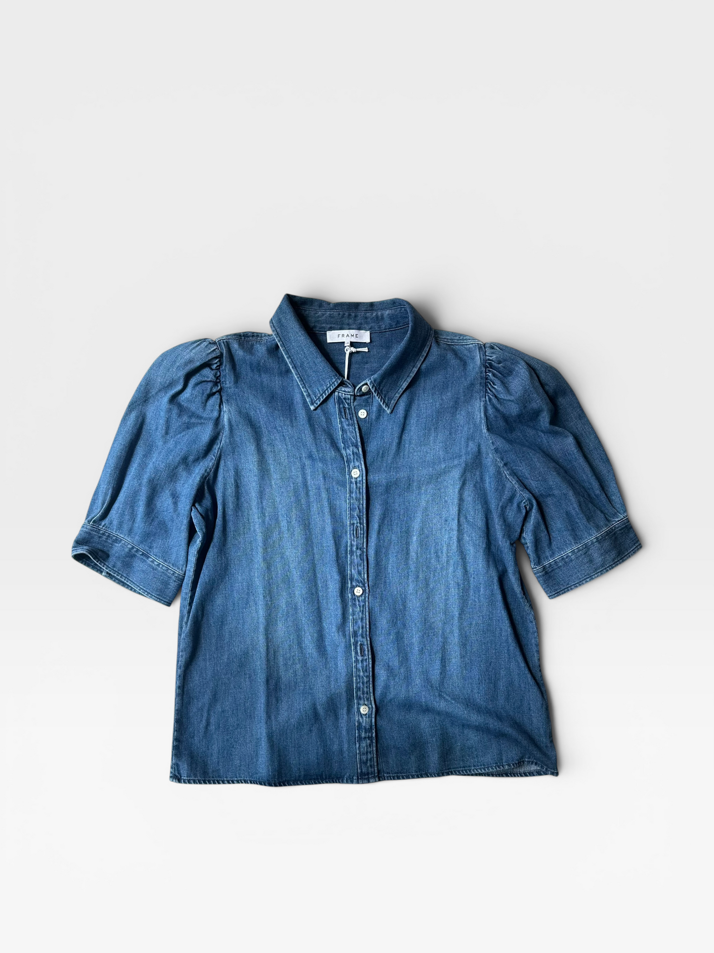 DENIM FRAME PUFF-SLEEVE BUTTON-UP TOP (NWT $288) L