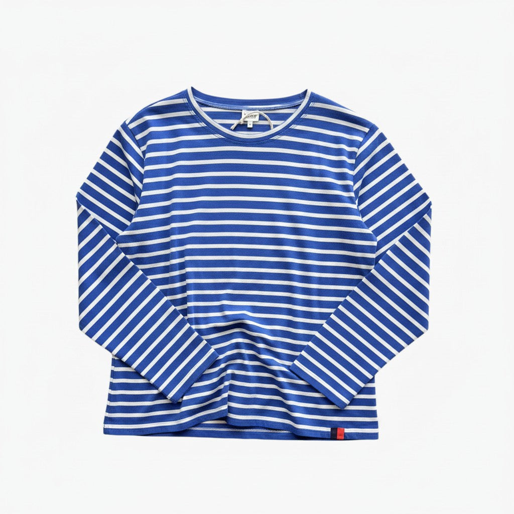KULE blue and white striped long sleeve crewneck t-shirt, size XL. Features a small red and blue tag on the hem.
