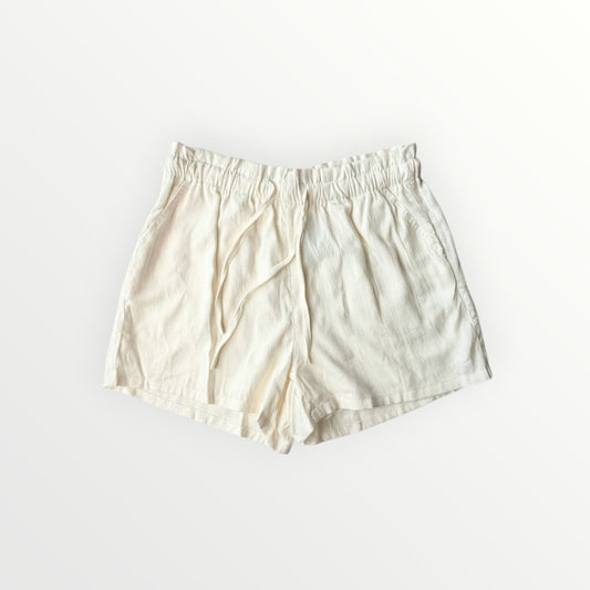 Thread & Supply cream linen blend paperbag waist shorts with drawstring and pockets, size L.