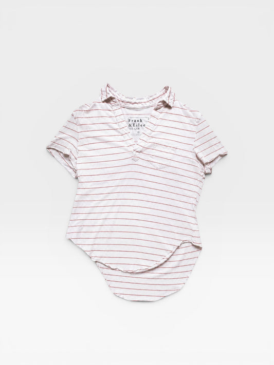 TheConsignmentBar Frank & Eileen white and red striped V-neck top with a chest pocket and curved hem.