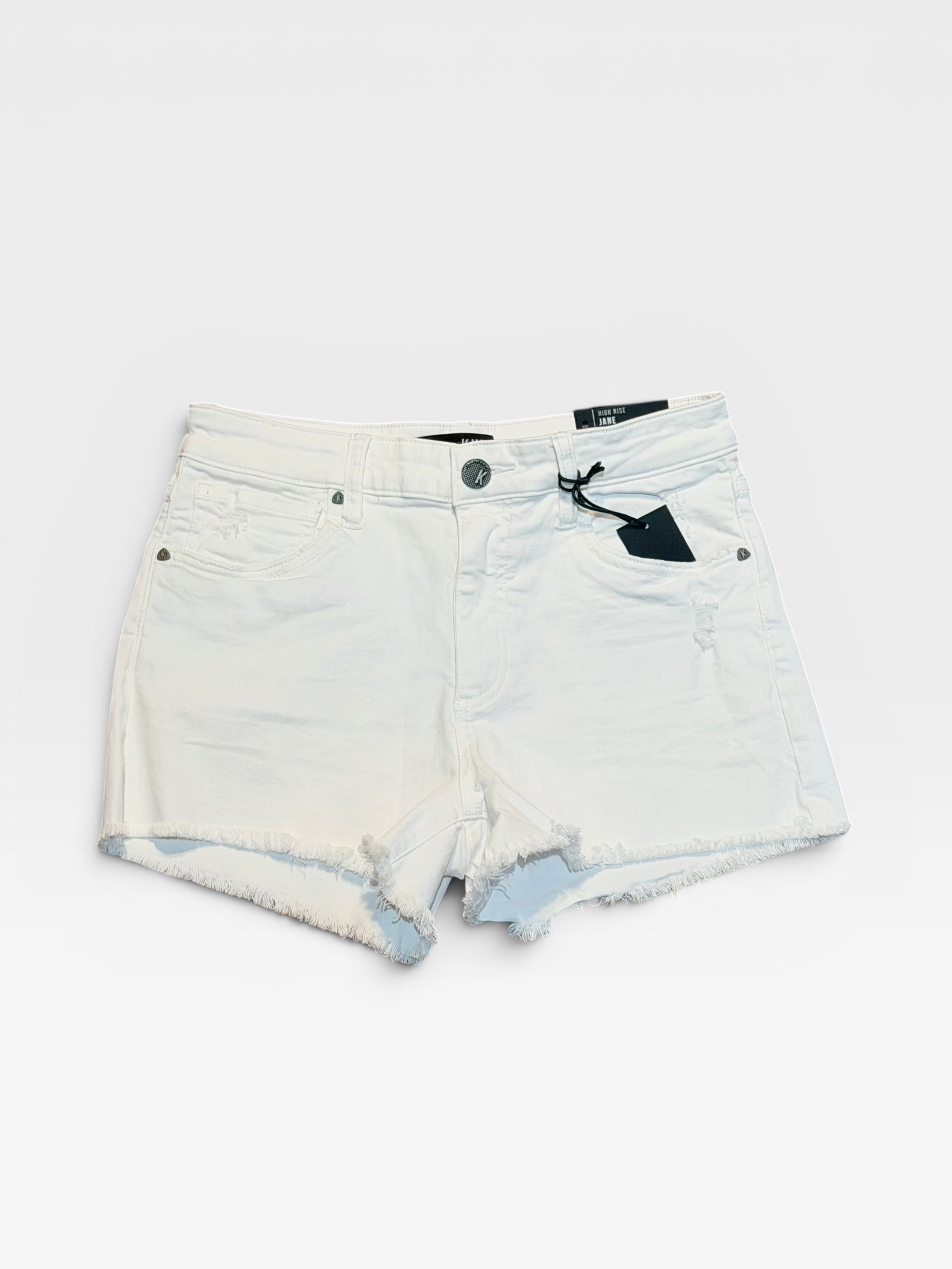 TheConsignmentBar KUT white high-rise denim shorts with a frayed raw hem and original store tags.