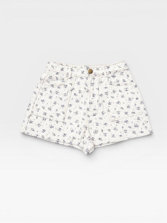 TheConsignmentBar Lulus white shorts featuring a delicate blue floral print, front pockets, and a button closure.